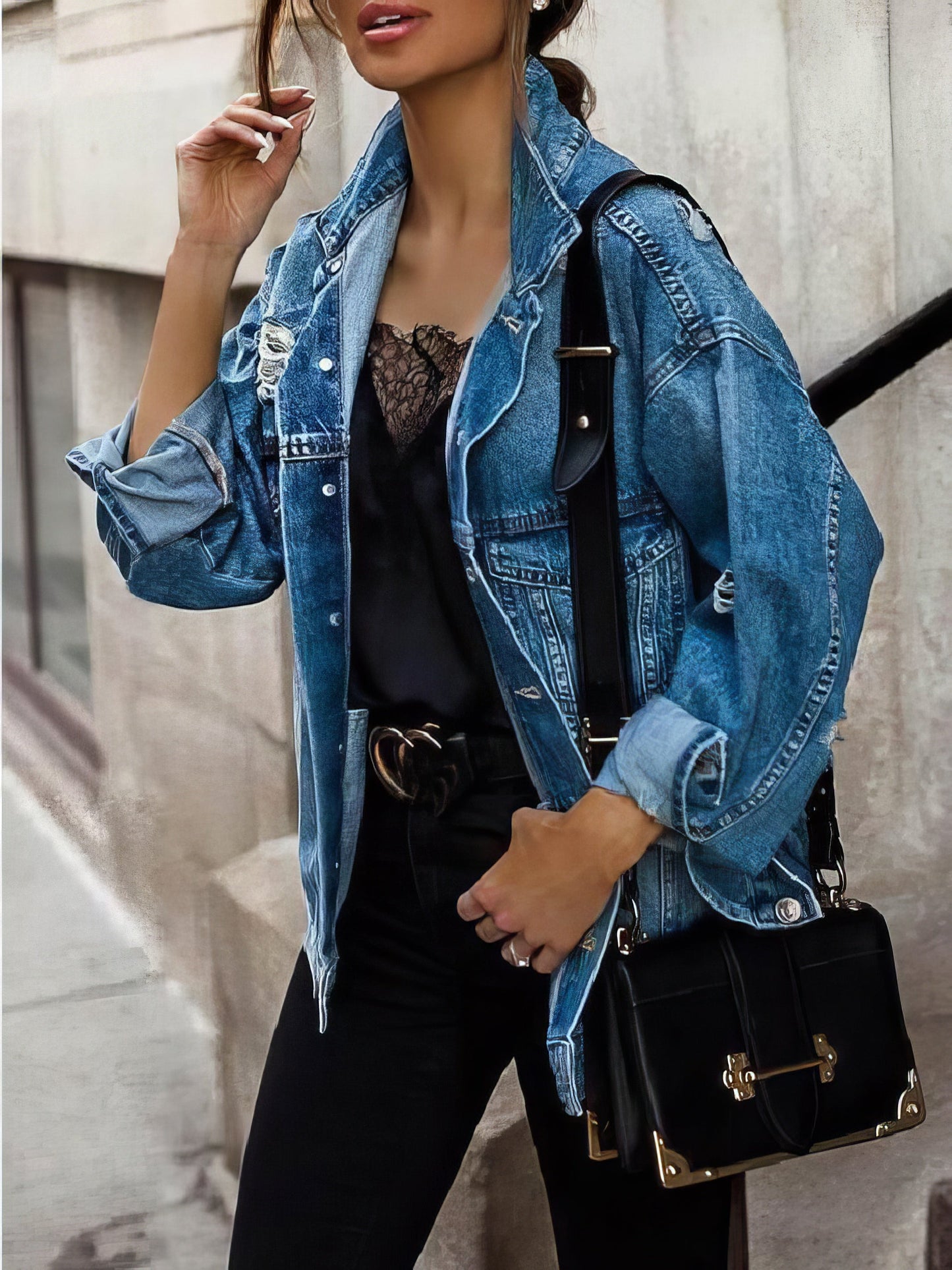 Stylish Ripped Denim Jacket with Lapel Pocket