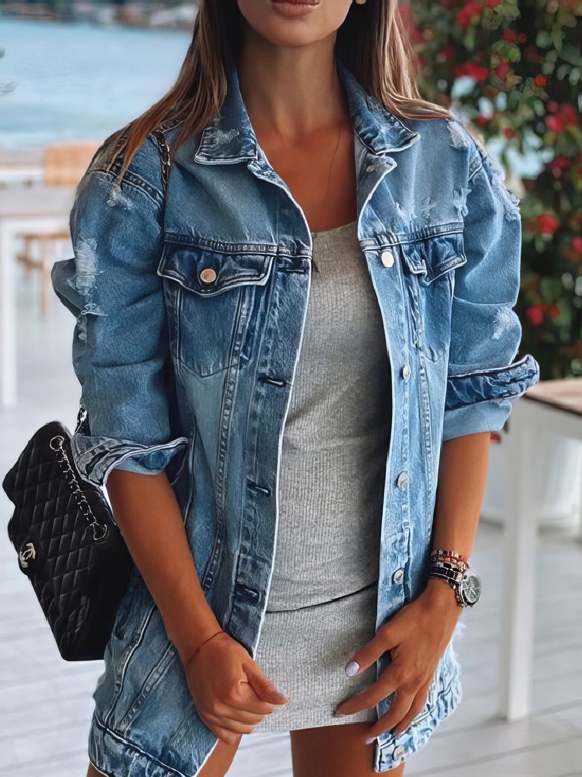 Stylish Ripped Denim Jacket with Lapel Pocket