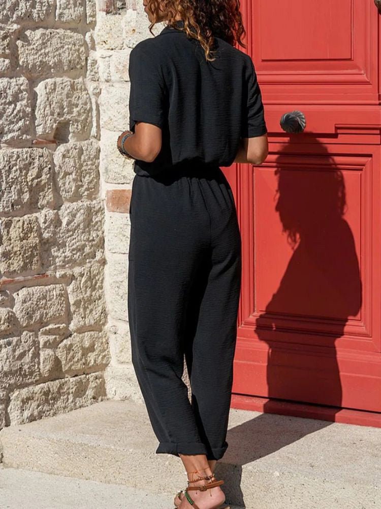 Stylish Lapel Button Tie Pocket Jumpsuit