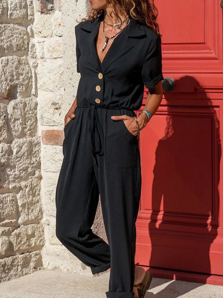 Stylish Lapel Button Tie Pocket Jumpsuit