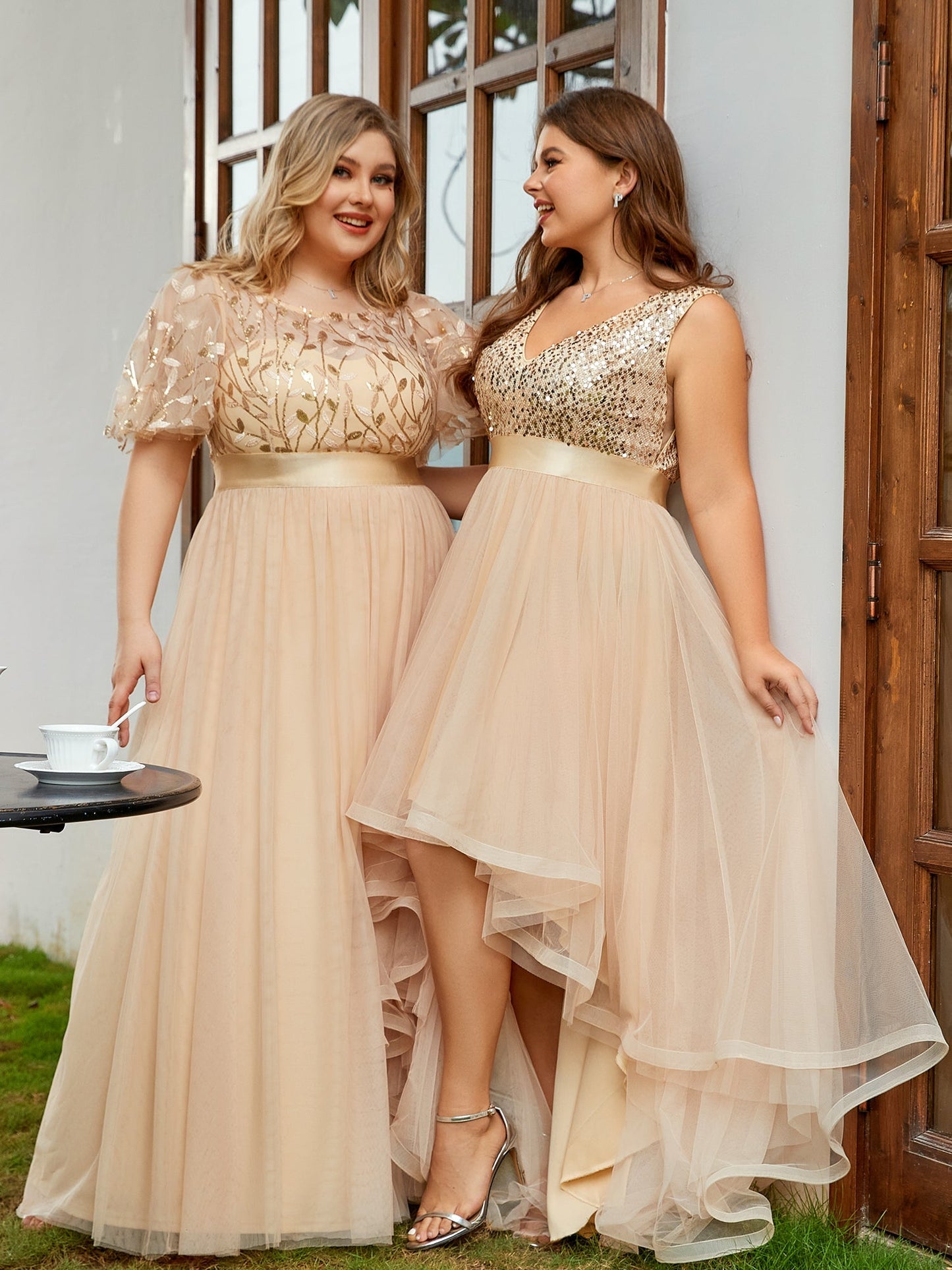Shimmering Evening Gown with Ruffle Sleeves and Belt Detail