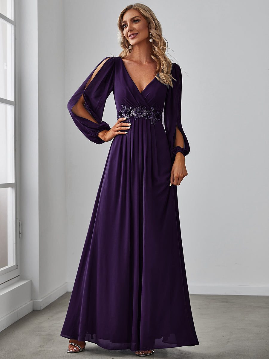 Elegant V-Neck Formal Dress with Long Lantern Sleeves