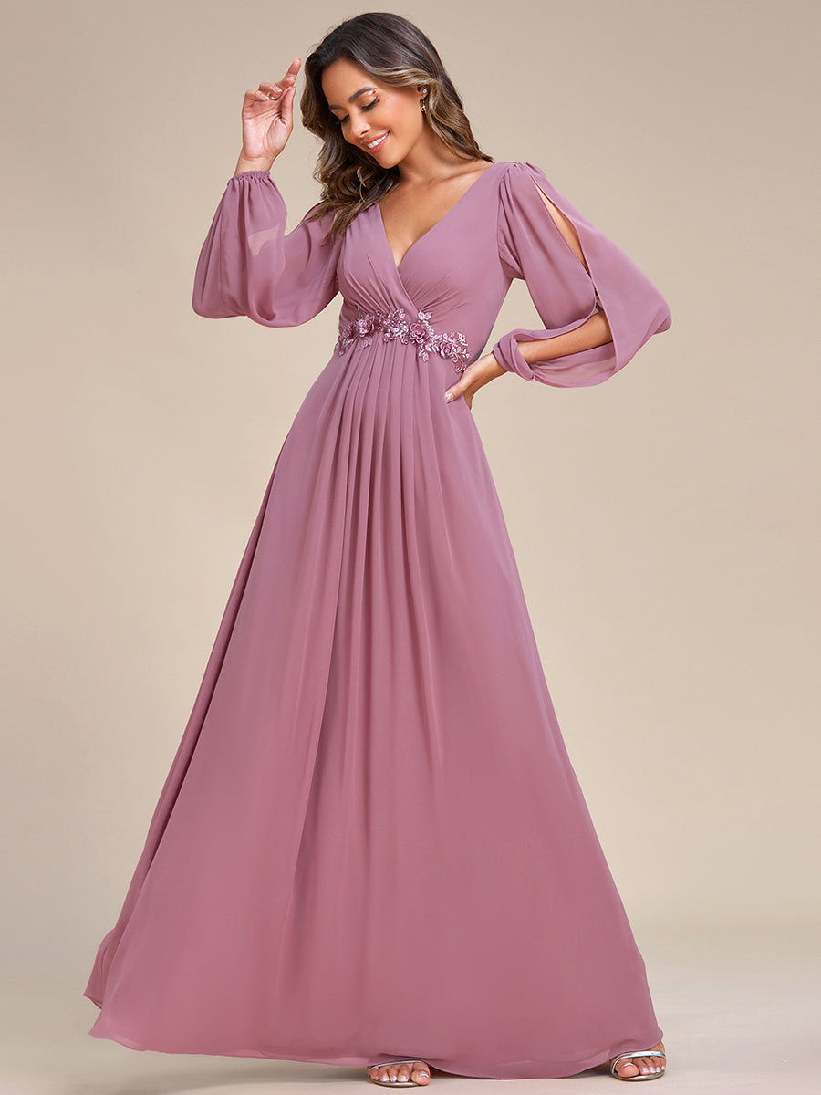 Elegant V-Neck Formal Dress with Long Lantern Sleeves