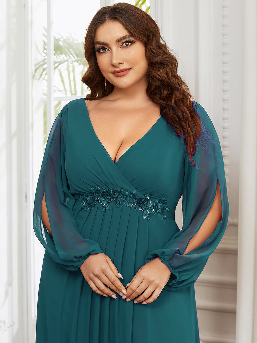 Elegant Chiffon Evening Gown for Plus Size Women with Lantern Sleeves