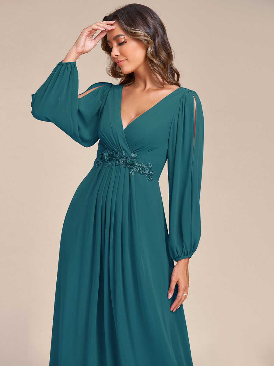 Elegant V-Neck Formal Dress with Long Lantern Sleeves