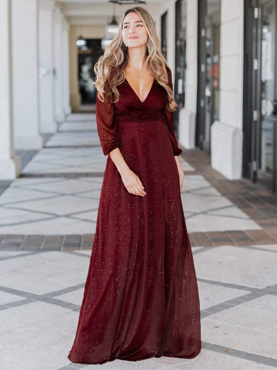 Sleek Shimmer V-Neck Evening Gown With Long Sleeves