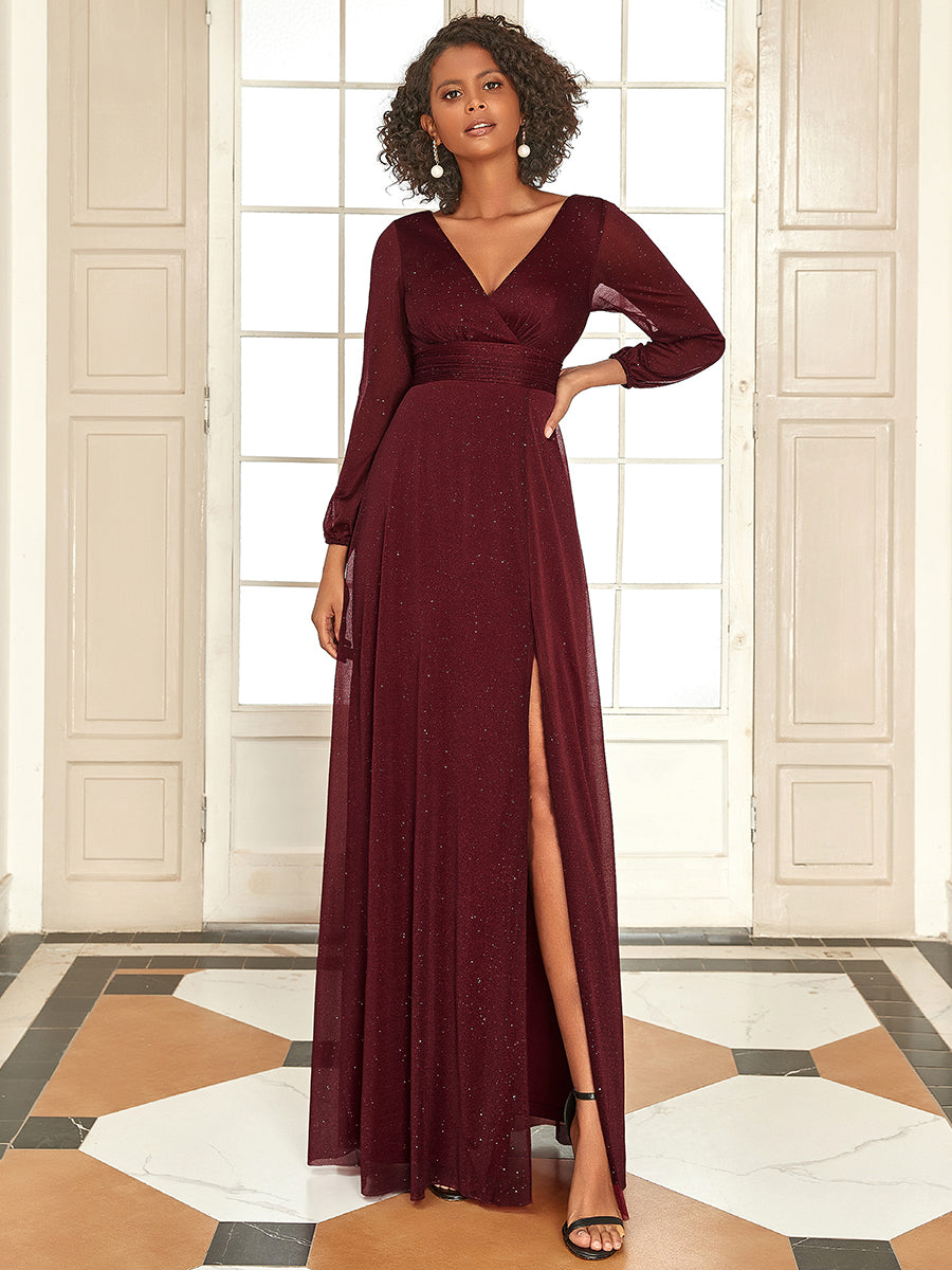 Sleek Shimmer V-Neck Evening Gown With Long Sleeves