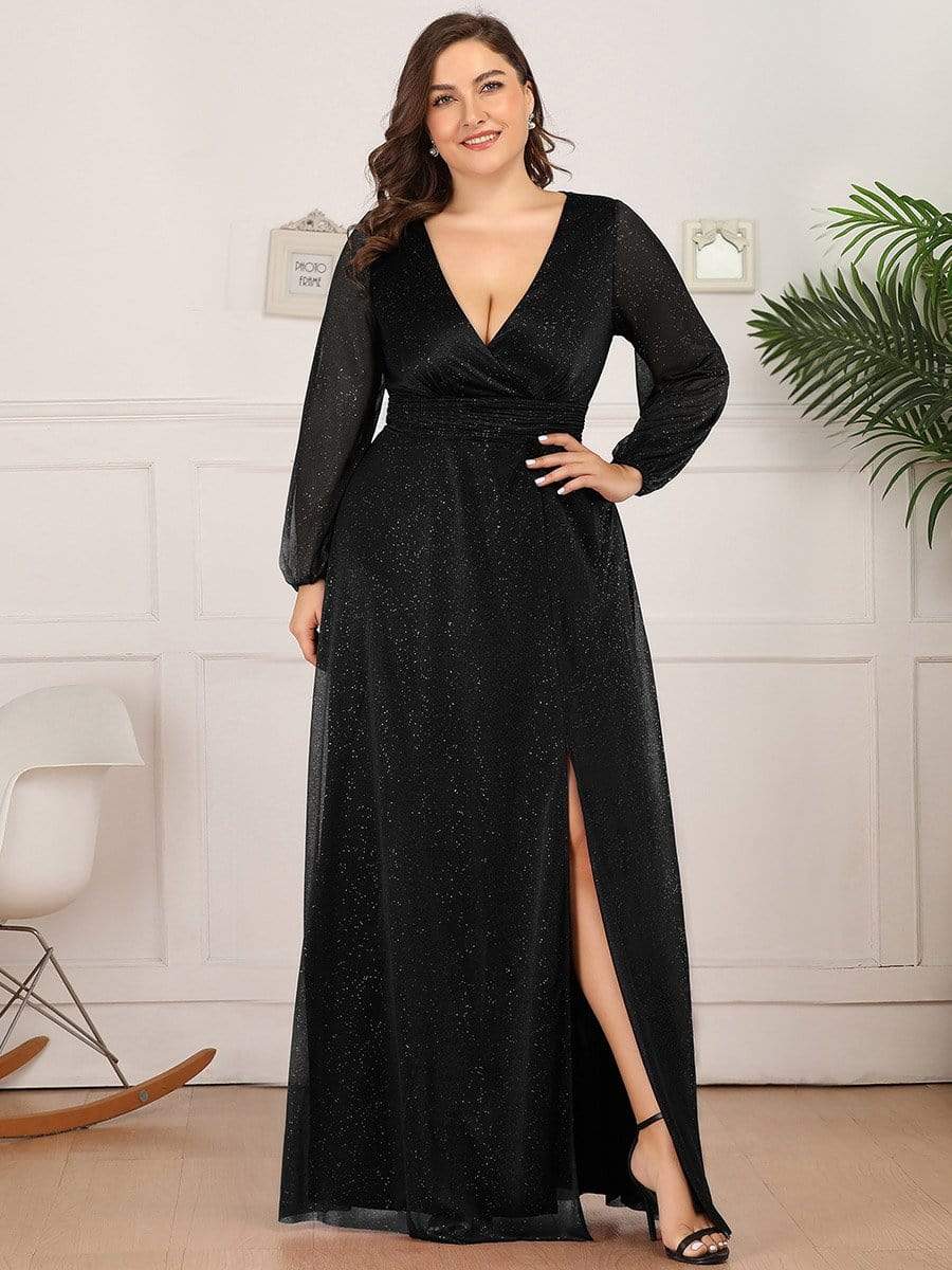 Sleek Shimmer V-Neck Evening Gown With Long Sleeves