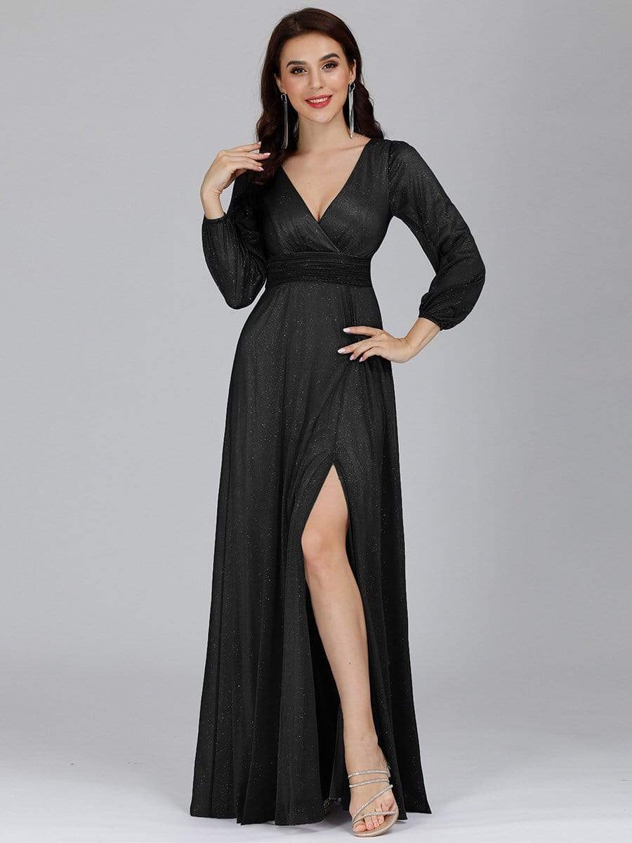 Sleek Shimmer V-Neck Evening Gown With Long Sleeves