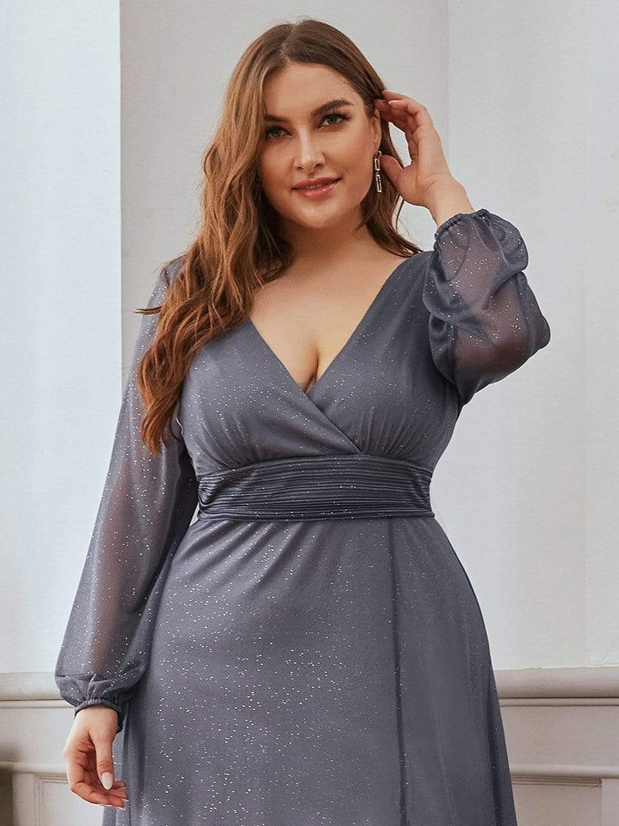 Sleek Shimmer V-Neck Evening Gown With Long Sleeves