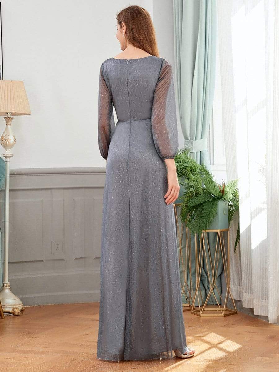Sleek Shimmer V-Neck Evening Gown With Long Sleeves