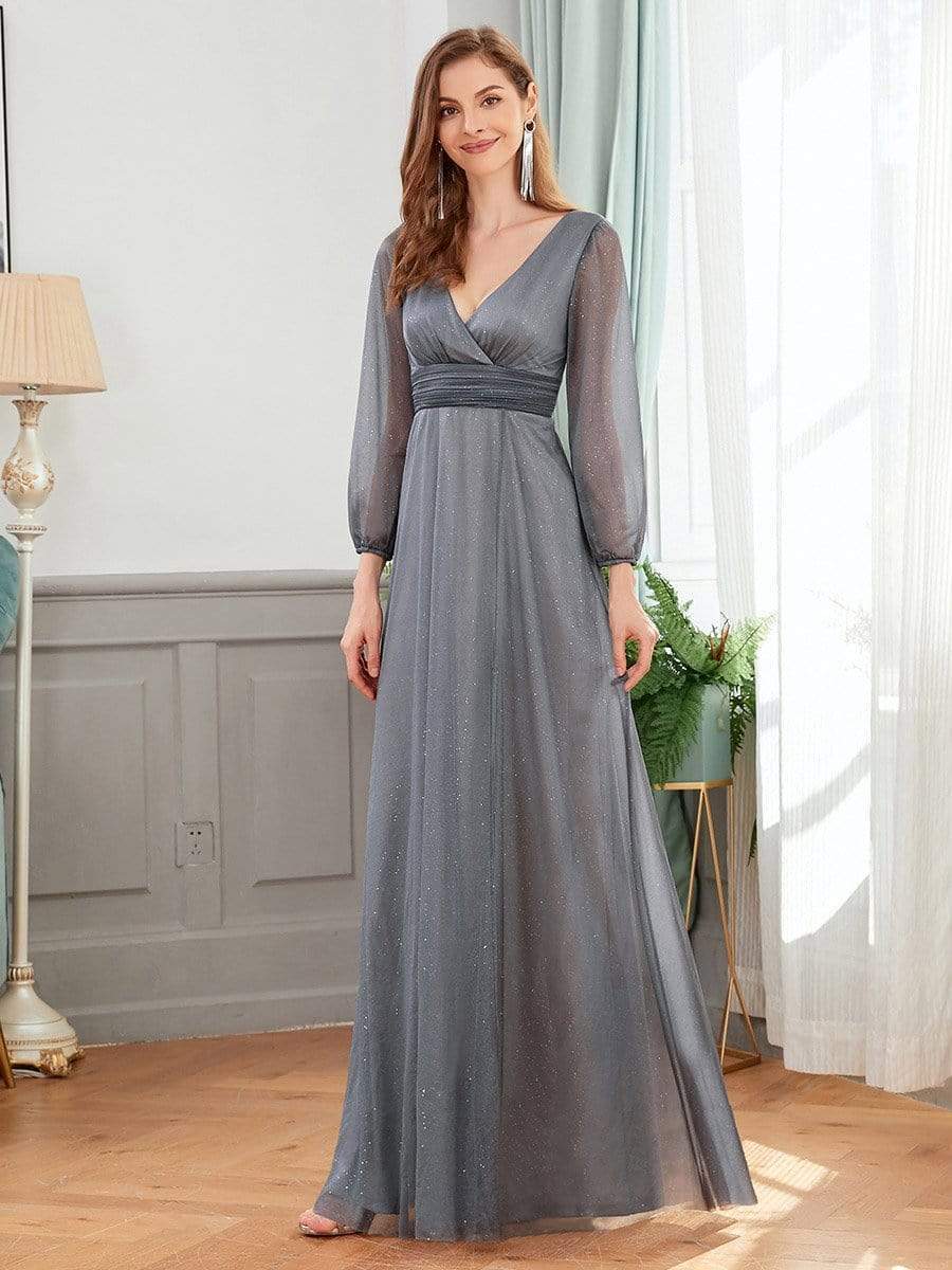 Sleek Shimmer V-Neck Evening Gown With Long Sleeves