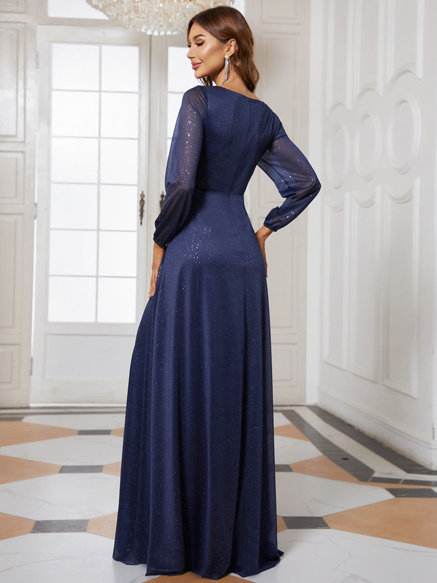 Sleek Shimmer V-Neck Evening Gown With Long Sleeves