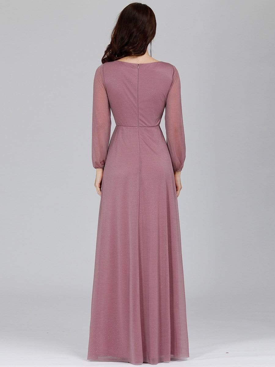 Sleek Shimmer V-Neck Evening Gown With Long Sleeves