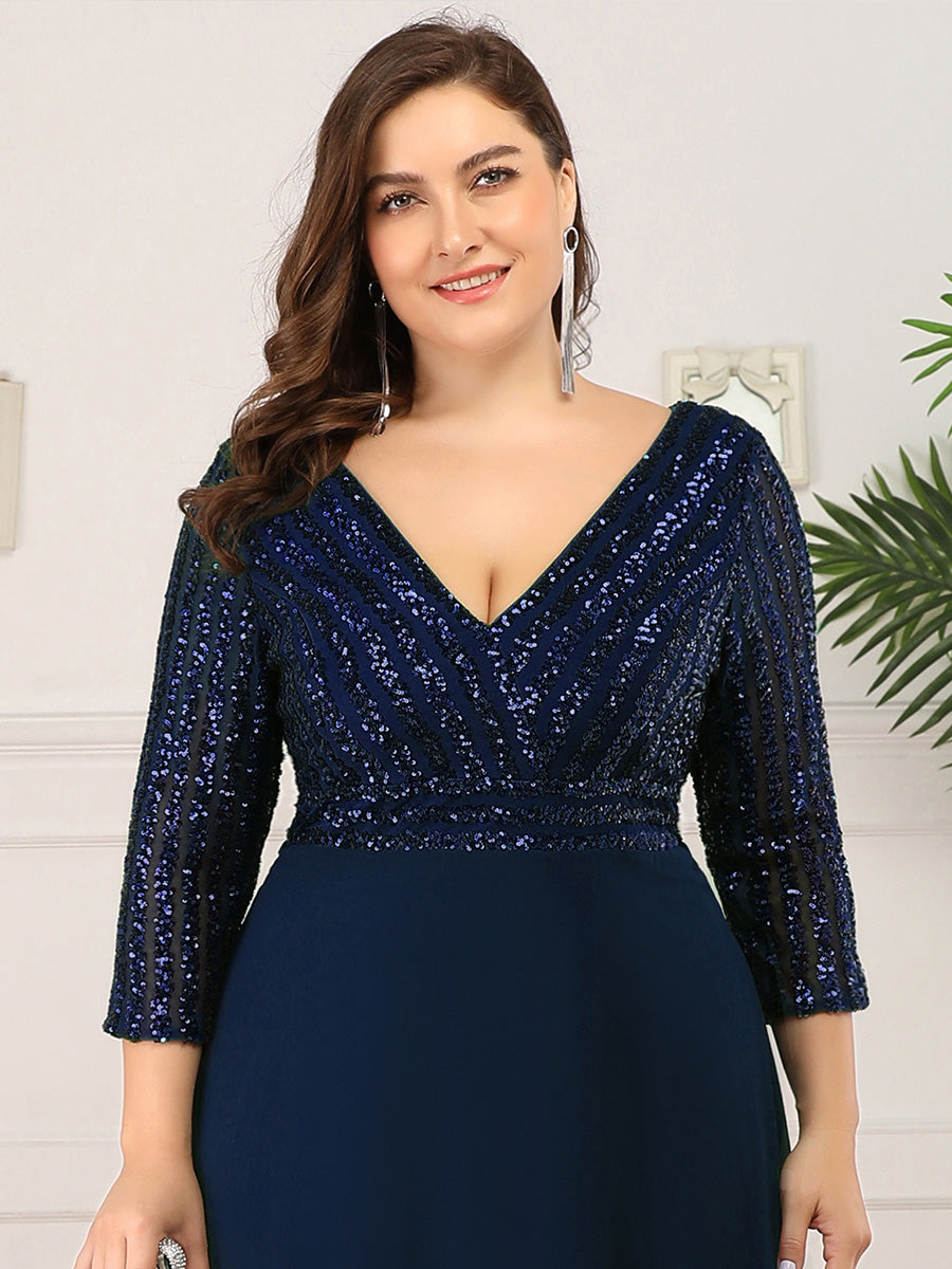 Chic Sequin V-Neck A-Line Plus Size Evening Dress with Long Sleeves