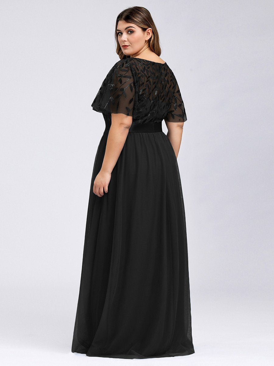 Shimmering Evening Gown with Ruffle Sleeves and Belt Detail