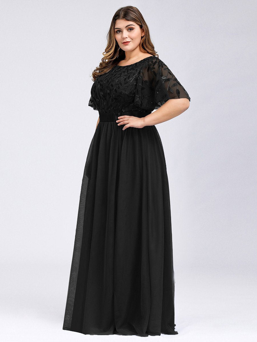 Shimmering Evening Gown with Ruffle Sleeves and Belt Detail