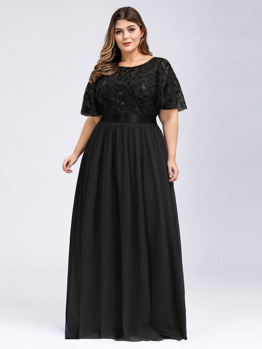 Shimmering Evening Gown with Ruffle Sleeves and Belt Detail