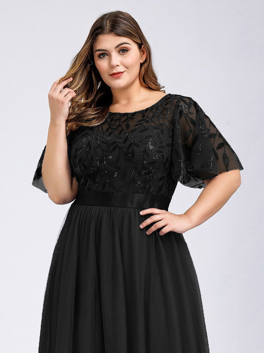 Shimmering Evening Gown with Ruffle Sleeves and Belt Detail