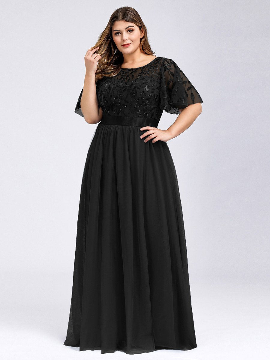 Shimmering Evening Gown with Ruffle Sleeves and Belt Detail