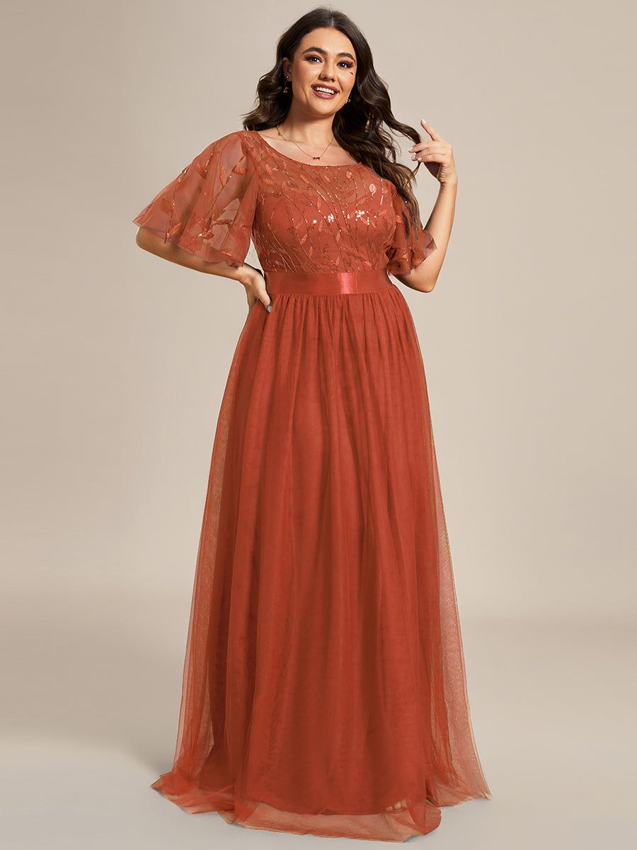 Shimmering Evening Gown with Ruffle Sleeves and Belt Detail