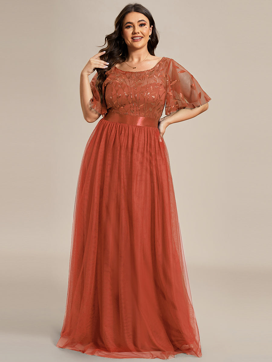 Shimmering Evening Gown with Ruffle Sleeves and Belt Detail