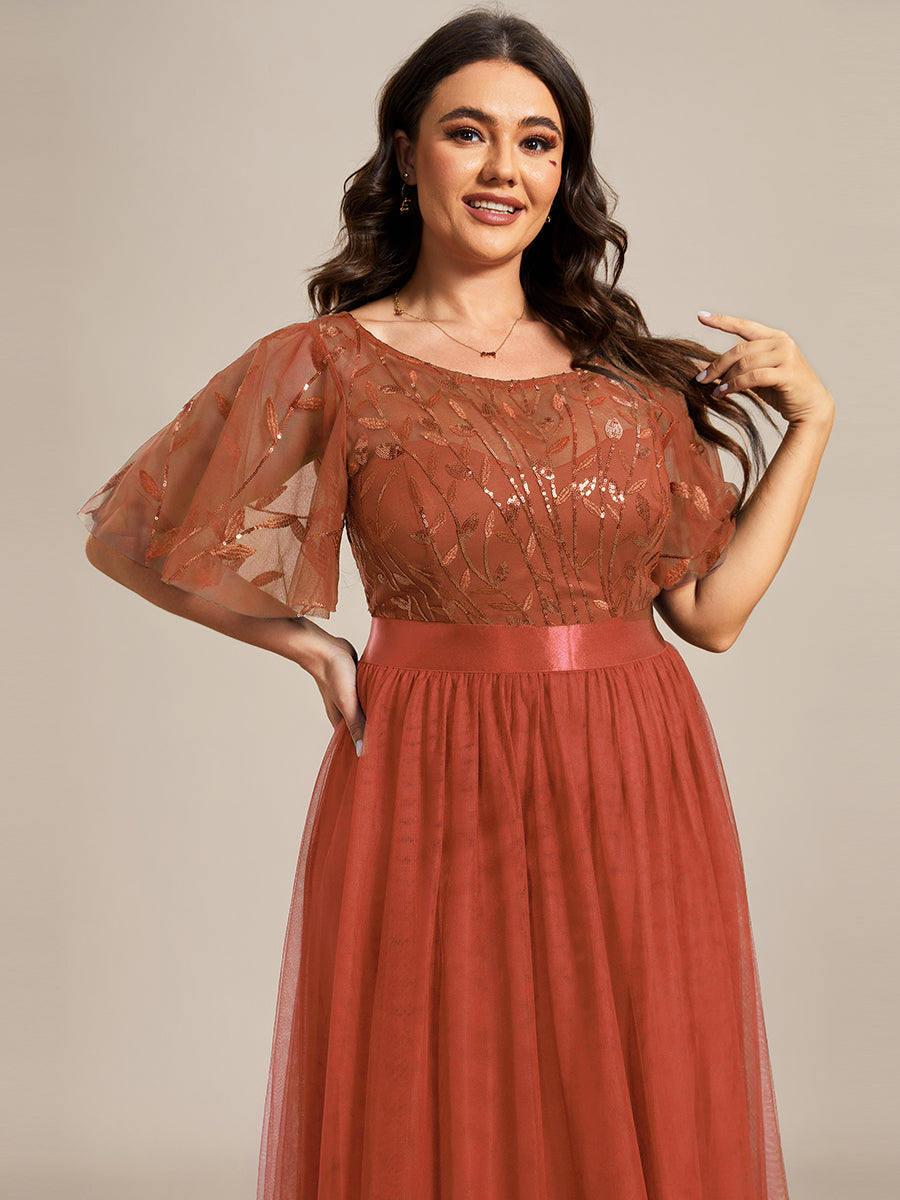 Shimmering Evening Gown with Ruffle Sleeves and Belt Detail