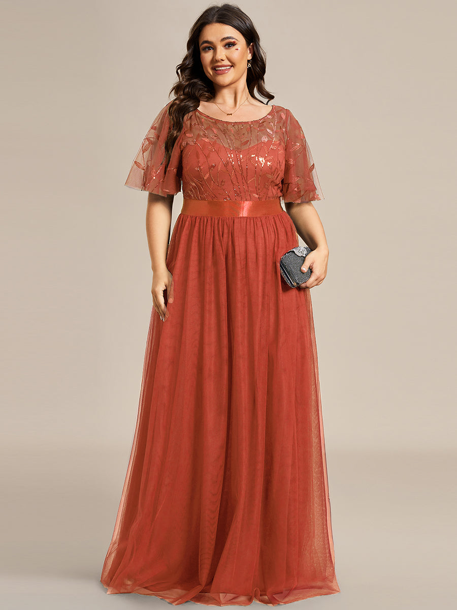 Shimmering Evening Gown with Ruffle Sleeves and Belt Detail