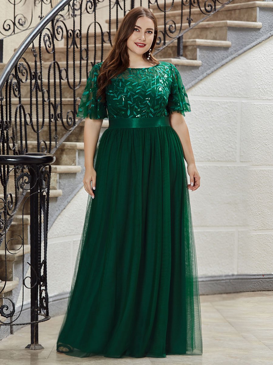 Shimmering Evening Gown with Ruffle Sleeves and Belt Detail