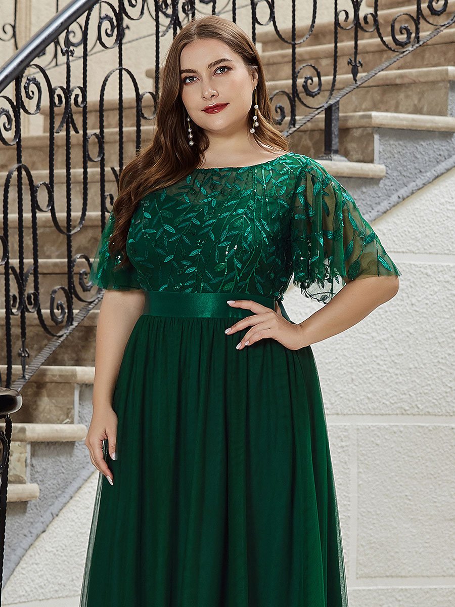 Shimmering Evening Gown with Ruffle Sleeves and Belt Detail
