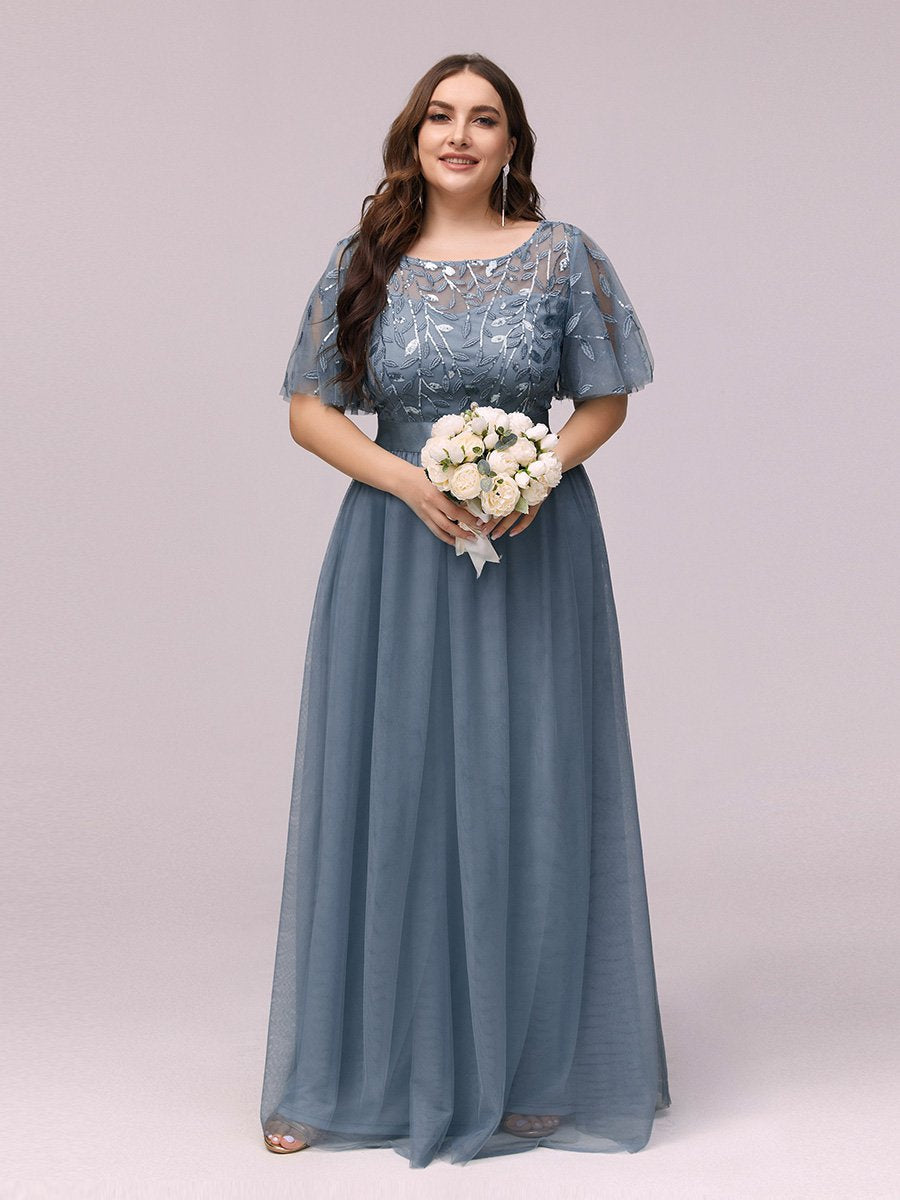 Shimmering Evening Gown with Ruffle Sleeves and Belt Detail