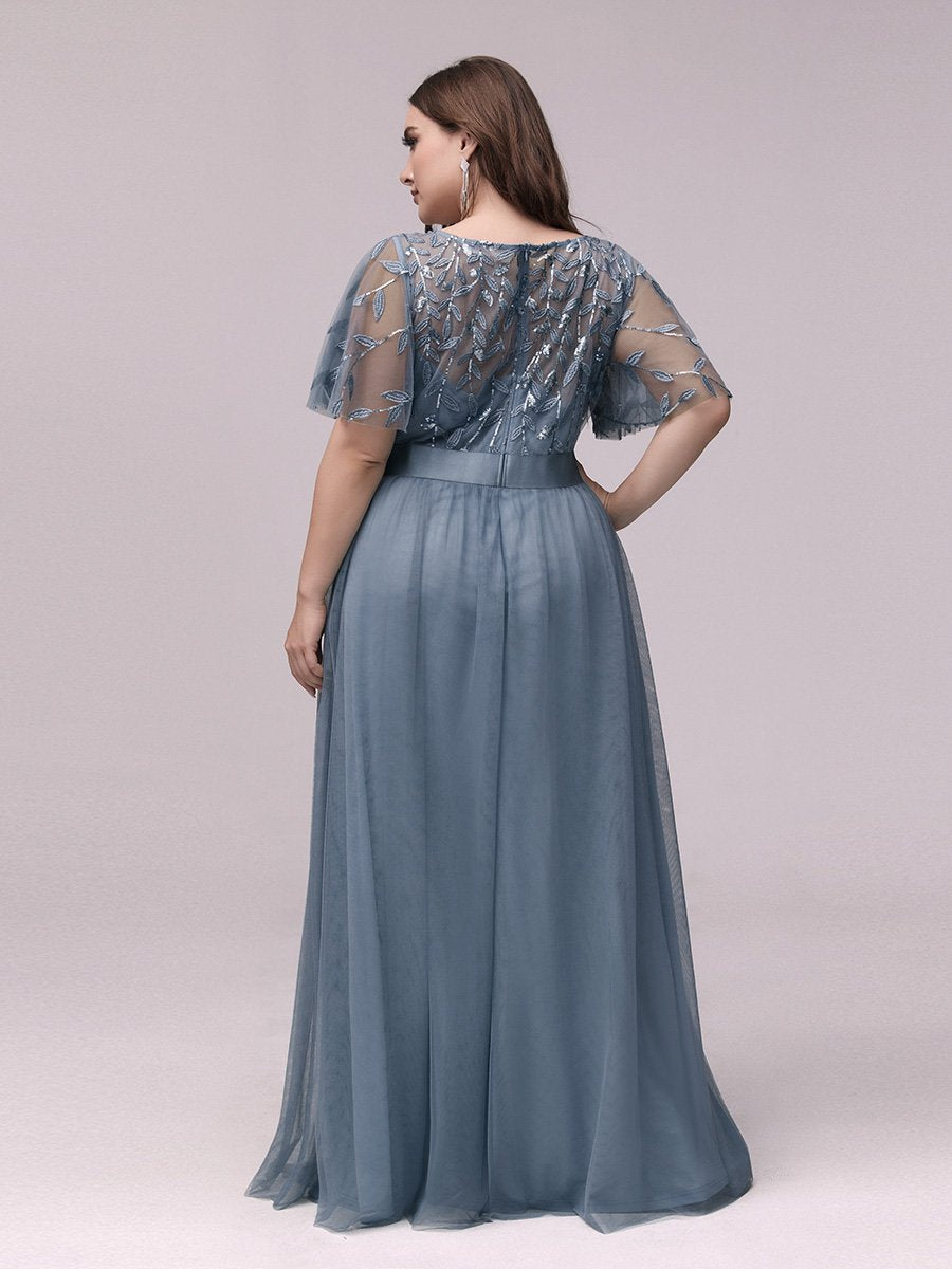 Shimmering Evening Gown with Ruffle Sleeves and Belt Detail