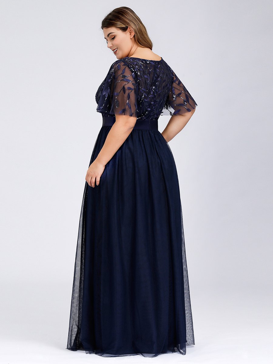 Shimmering Evening Gown with Ruffle Sleeves and Belt Detail