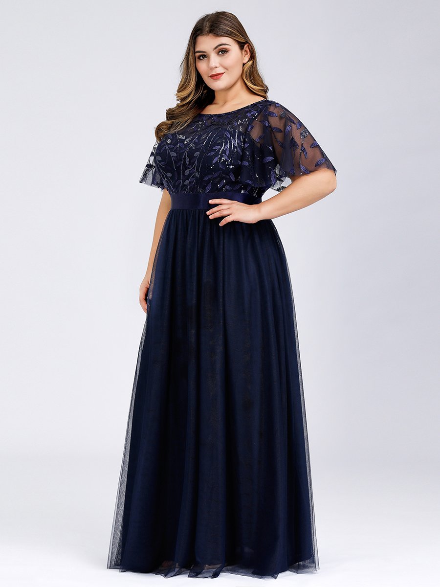Shimmering Evening Gown with Ruffle Sleeves and Belt Detail
