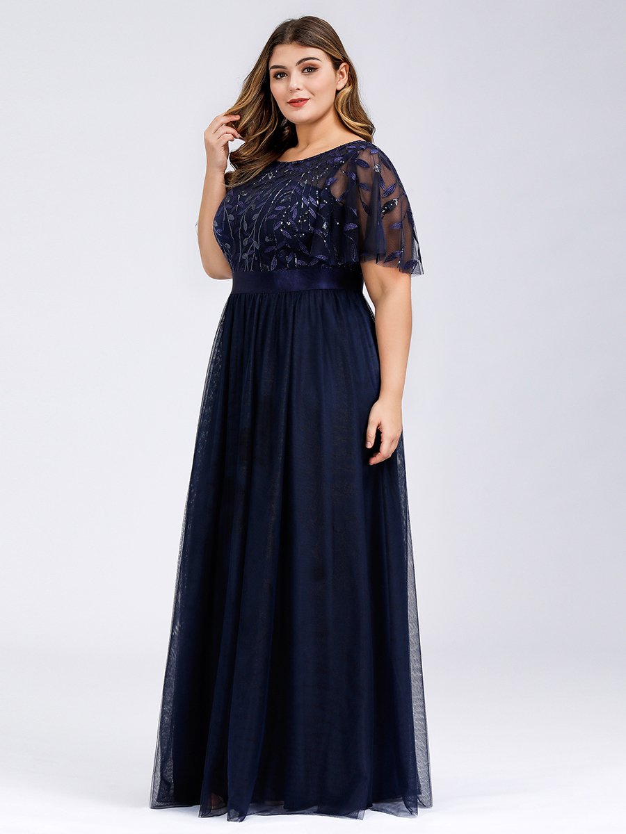 Shimmering Evening Gown with Ruffle Sleeves and Belt Detail