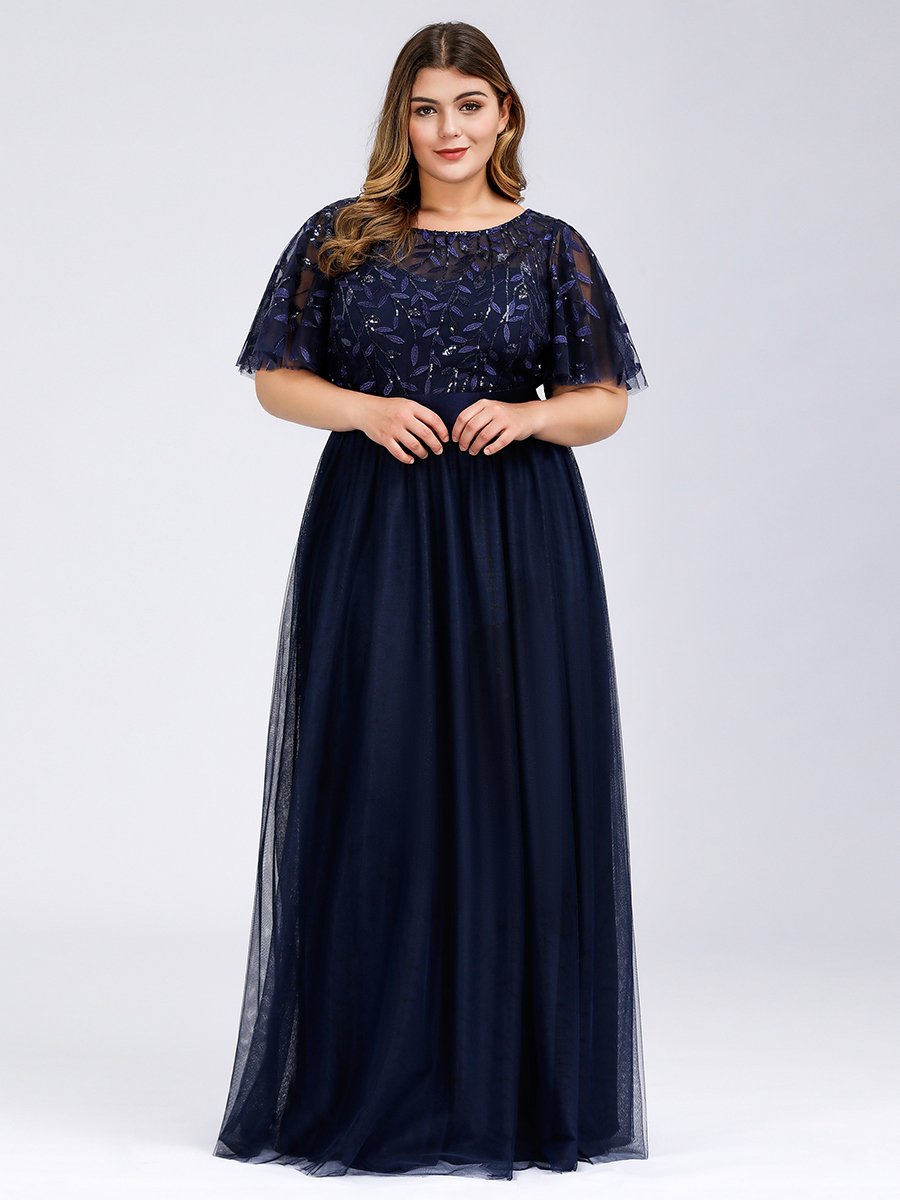 Shimmering Evening Gown with Ruffle Sleeves and Belt Detail