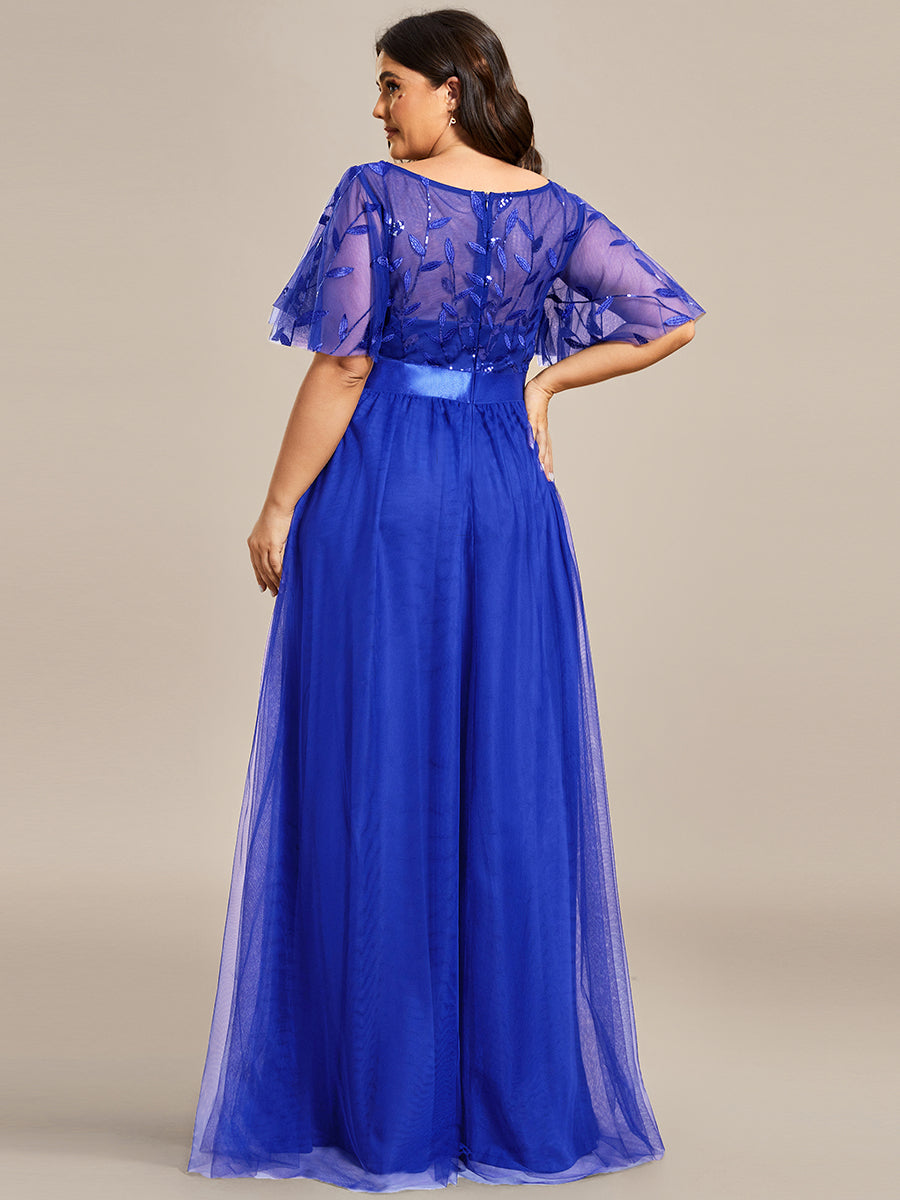 Shimmering Evening Gown with Ruffle Sleeves and Belt Detail