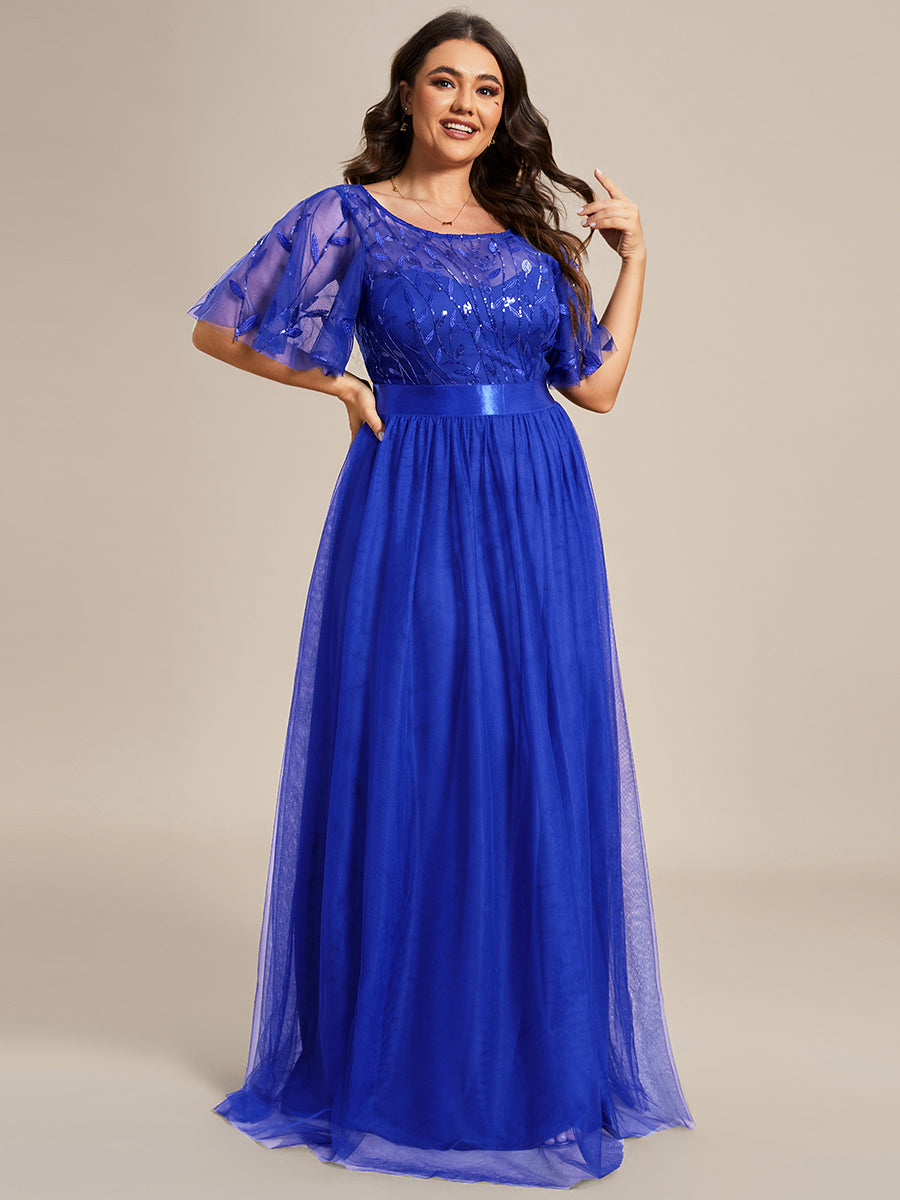 Shimmering Evening Gown with Ruffle Sleeves and Belt Detail