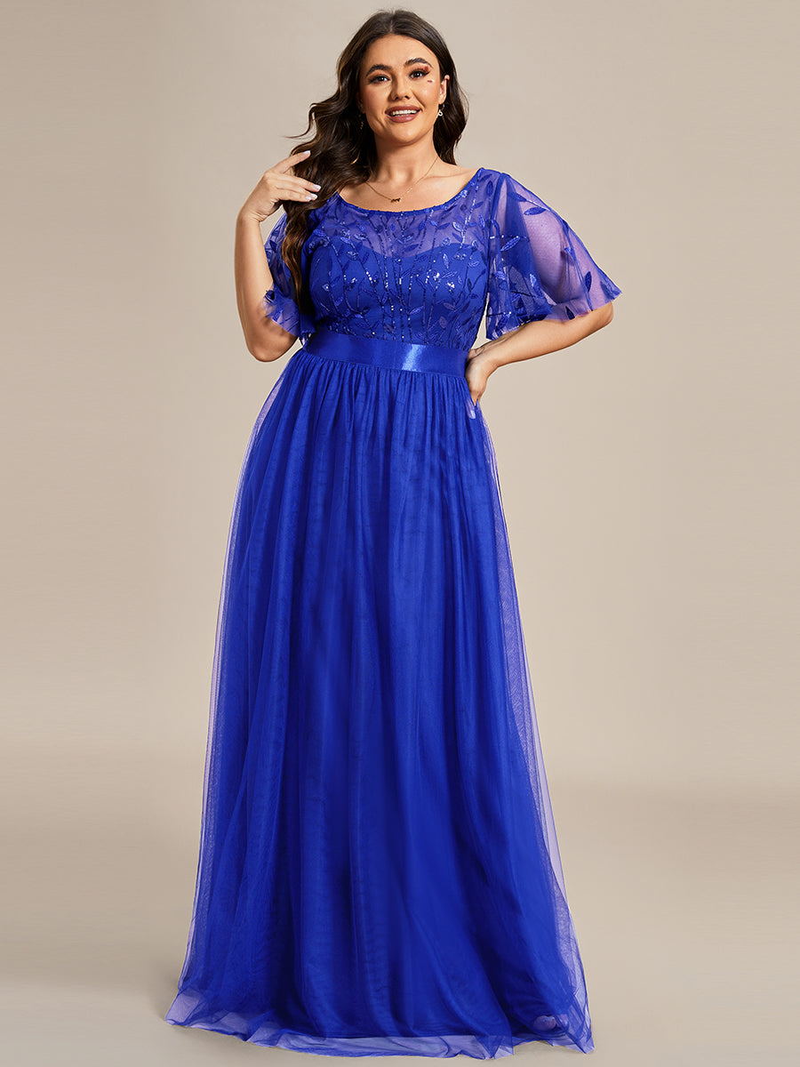 Shimmering Evening Gown with Ruffle Sleeves and Belt Detail