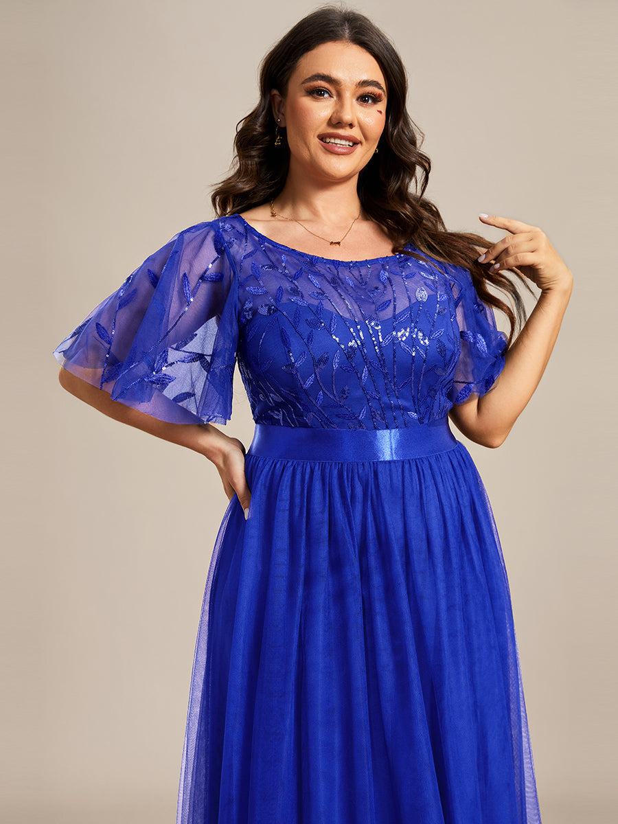 Shimmering Evening Gown with Ruffle Sleeves and Belt Detail