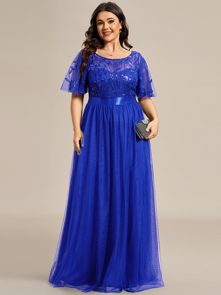 Shimmering Evening Gown with Ruffle Sleeves and Belt Detail