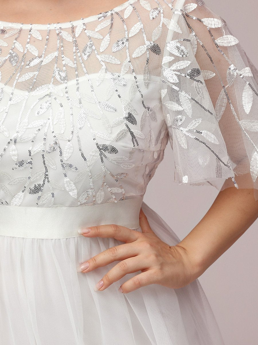 Shimmering Evening Gown with Ruffle Sleeves and Belt Detail