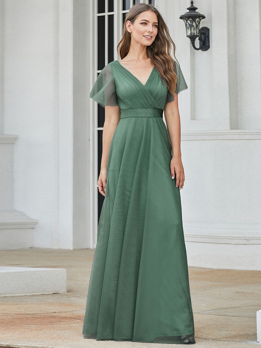 A-Line Floor-Length Women's Bridesmaid Dress with V-Neck and Flutter Sleeves
