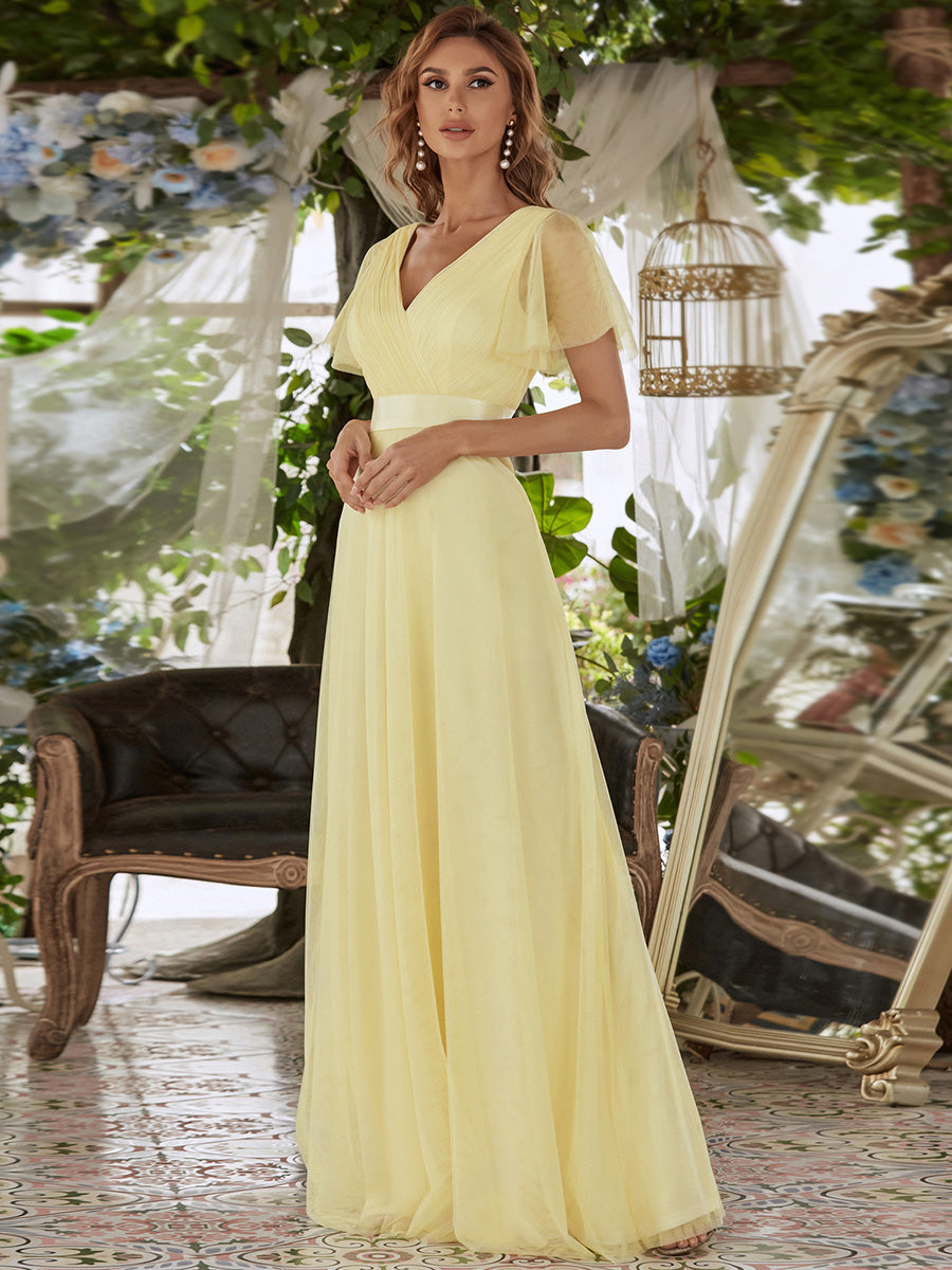 A-Line Floor-Length Women's Bridesmaid Dress with V-Neck and Flutter Sleeves