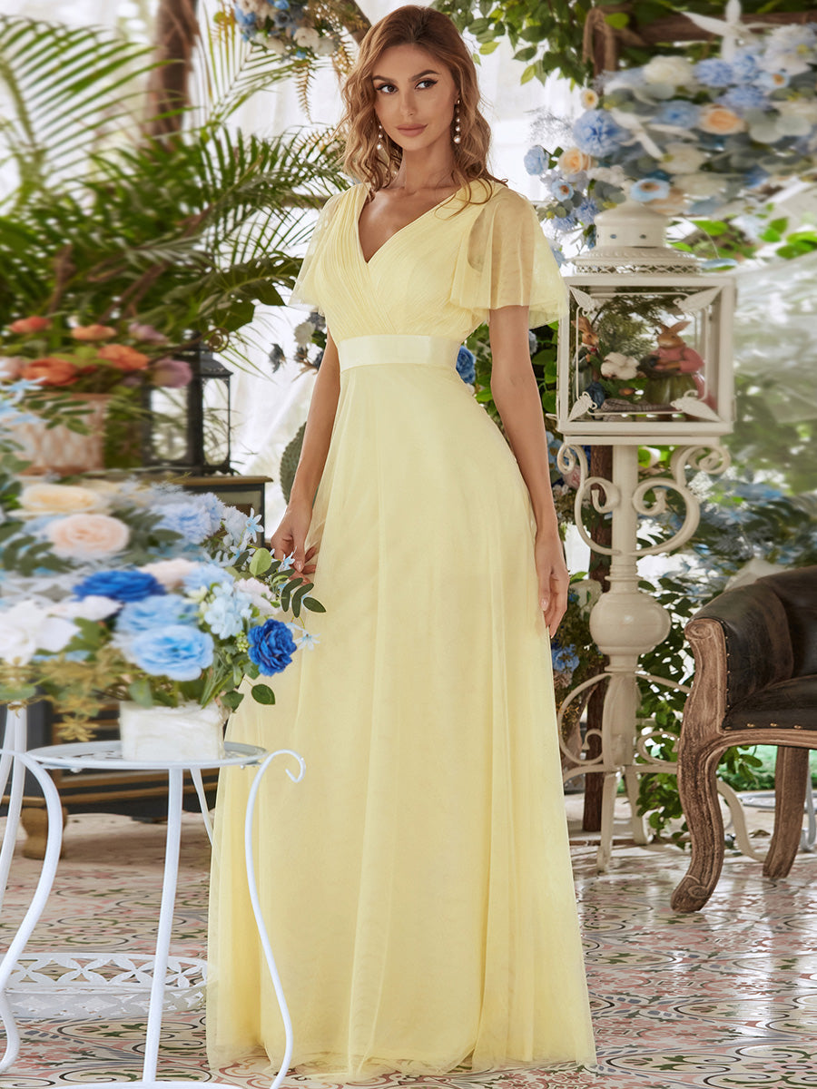 A-Line Floor-Length Women's Bridesmaid Dress with V-Neck and Flutter Sleeves
