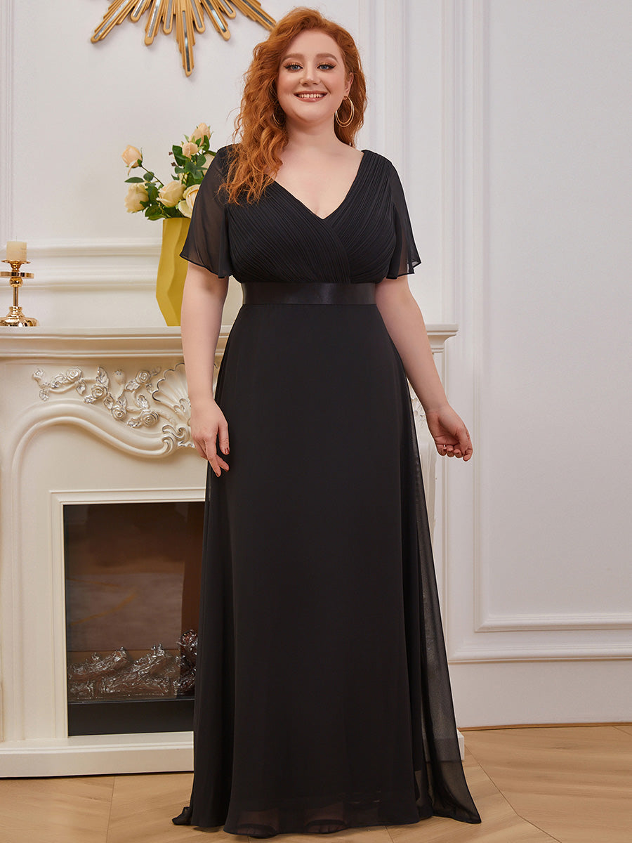 Ruffled Empire Waist Plus Size Evening Gown with V-Neck and Flutter Sleeves