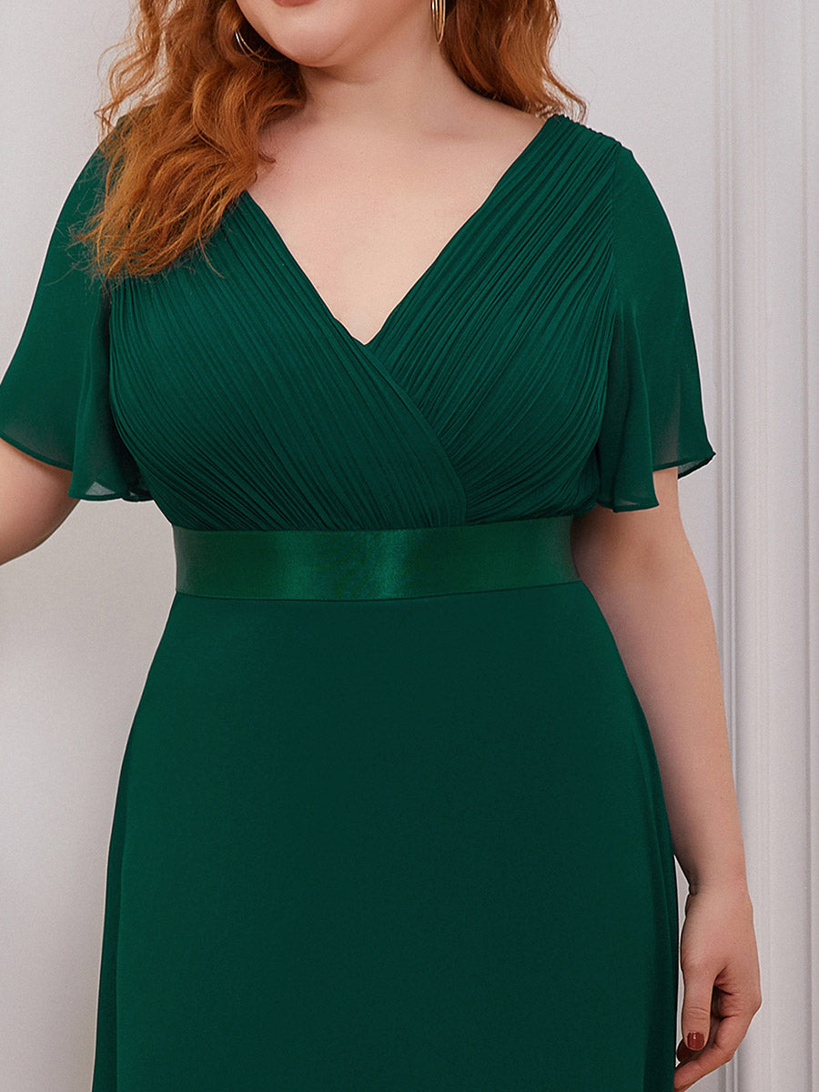 Ruffled Empire Waist Plus Size Evening Gown with V-Neck and Flutter Sleeves