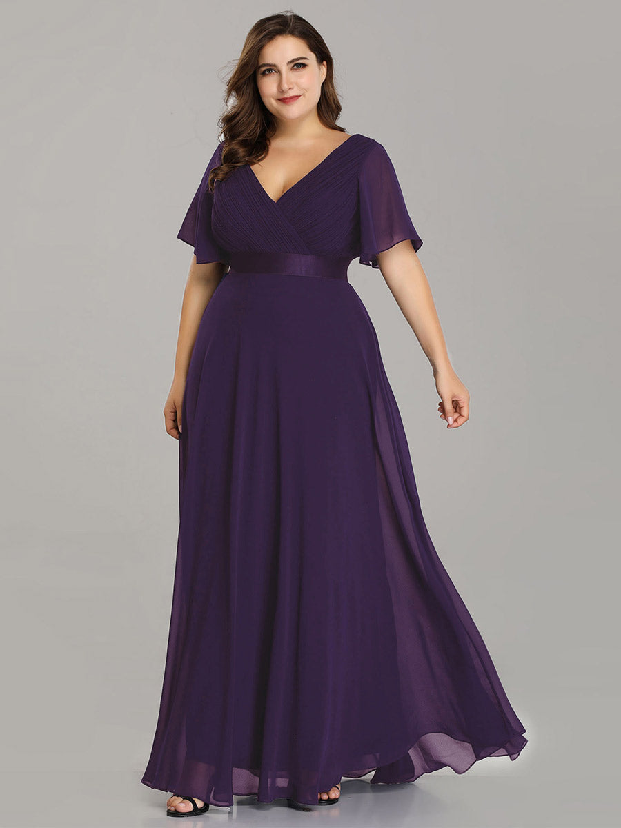 Ruffled Empire Waist Plus Size Evening Gown with V-Neck and Flutter Sleeves
