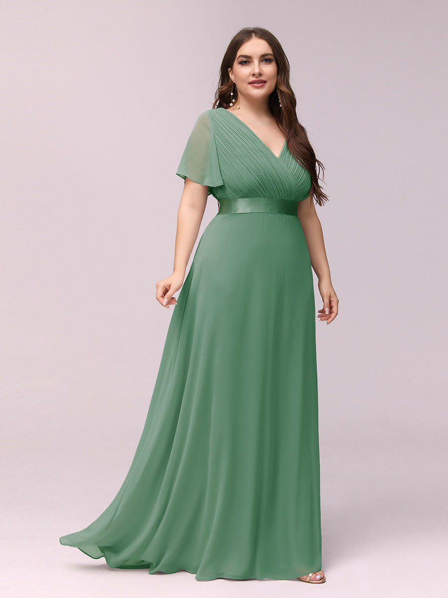 Ruffled Empire Waist Plus Size Evening Gown with V-Neck and Flutter Sleeves