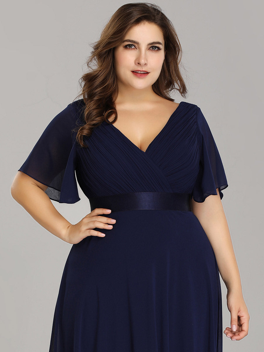 Ruffled Empire Waist Plus Size Evening Gown with V-Neck and Flutter Sleeves